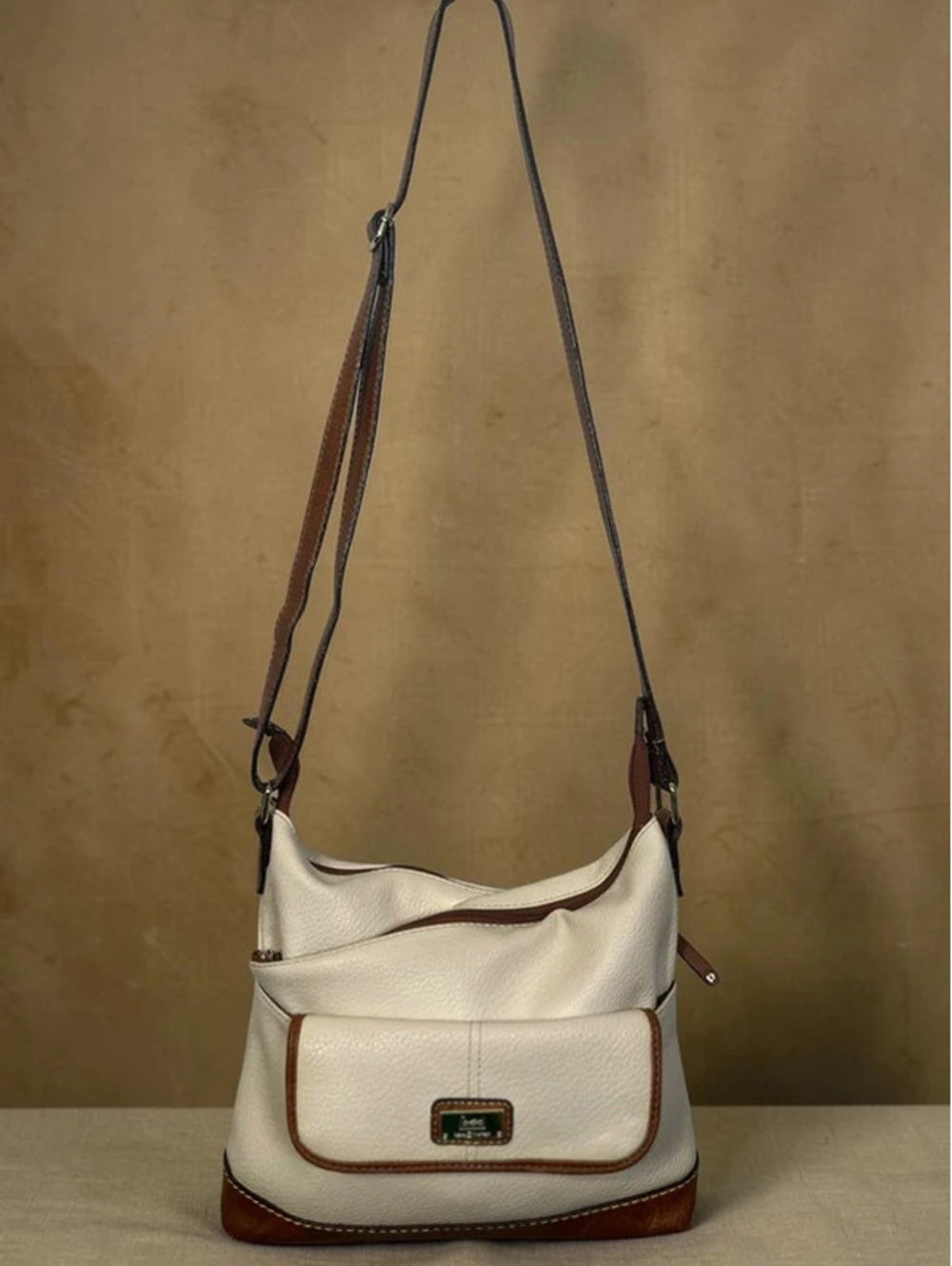 BOC Born Concepts White Pebbled Hobo Crossbody Bag Brown Trim Adjustable Strap